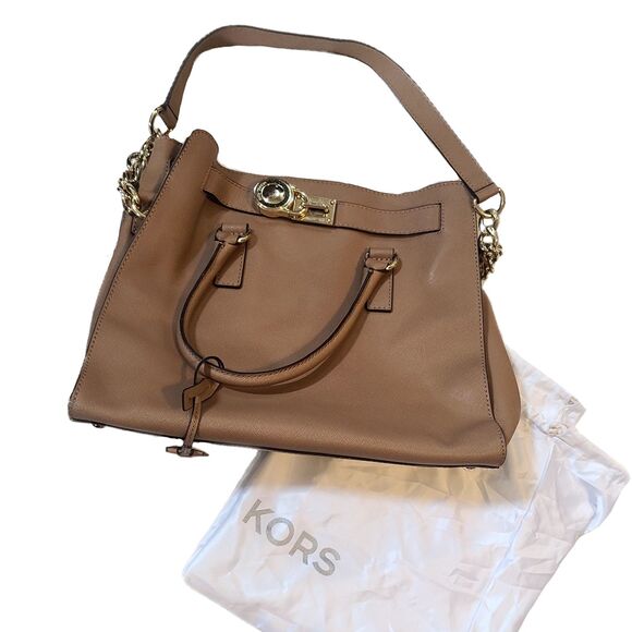 Michael Kors Large Hamilton Khaki Leather & Gold Two-Way Satchel w/ Dust Bag EUC - Picture 1 of 13